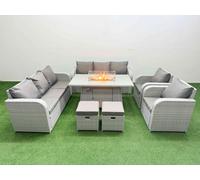 Fimous PE Rattan High Back Lounge Sofa Set Patio Firepit Dining Table & Chairs Set with 3 Seater Sofa Reclining Chair Stools Light Grey