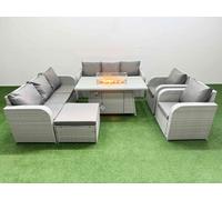 Fimous PE Rattan High Back Lounge Sofa Set Patio Firepit Dining Table & Chairs Set with 3 Seater Sofa Reclining Chair Big Footstool Light Grey Fimous Light Grey