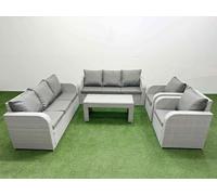 Fimous PE Rattan High Back Lounge Sofa Set Patio Oblong Coffee Table & Chairs Set with 3 Seater Sofa Reclining Chair Light Grey Fimous Light Grey