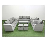 Fimous Pe Rattan High Back Lounge Sofa Set Oblong Coffee Table & Chairs Set Reclining Chair Stools 2 Side Table Light Grey