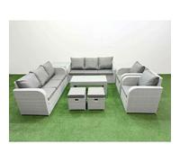 Fimous Pe Rattan High Back Lounge Sofa Set Oblong Coffee Table & Chairs Set Reclining Chair Stools Side Table Light Grey
