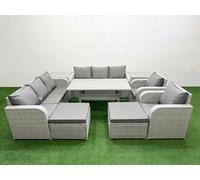 Fimous PE Rattan High Back Lounge Sofa Set Patio Rectangular Dining Table & Chairs Set w/ 3 Seater Sofa Reclining Chair 2 Big Footstool 2 Side Table Fimous Light Grey