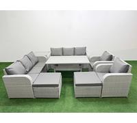 Fimous PE Rattan High Back Lounge Sofa Set Patio Rectangular Dining Table & Chairs Set w/ 3 Seater Sofa Reclining Chair 2 Big Footstool Side Table Fimous Light Grey