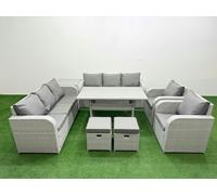 Fimous PE Rattan High Back Lounge Sofa Set Patio Rectangular Dining Table & Chairs Set with 3 Seater Sofa Reclining Chair Stools Side Table Light Grey