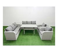 Fimous PE Rattan High Back Lounge Sofa Set Patio Rectangular Dining Table & Chairs Set with 3 Seater Sofa Reclining Chair Side Table Light Grey