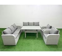 Fimous PE Rattan High Back Lounge Sofa Set Patio Rectangular Dining Table & Chairs Set with 3 Seater Sofa Reclining Chair Side Table Light Grey