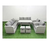 Fimous Pe Rattan High Back Lounge Sofa Set Rectangular Dining Table & Chairs Set 3 Seater Sofastools Side Table Light Grey