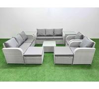 Fimous Rattan High Back Lounge Sofa Set Square Coffee Table & Chairs with 3 Seater Sofa Reclining Chair 2 Big Footstool 2 Side Table Light Grey