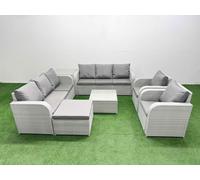 PE Rattan High Back Lounge Sofa Set Patio Square Coffee Table & Chairs Set with 3 Seater Sofa Reclining Chair Big Footstool Side Table Light Grey Fimous Light Grey One Size