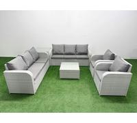PE Rattan High Back Lounge Sofa Set Patio Square Coffee Table & Chairs Set with 3 Seater Sofa Reclining Chair Side Table Light Grey Fimous Light Grey One Size