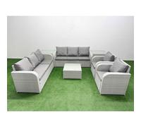 PE Rattan High Back Lounge Sofa Set Patio Square Coffee Table & Chairs Set with 3 Seater Sofa Reclining Chair 2 Side Table Light Grey Fimous Light Grey One Size