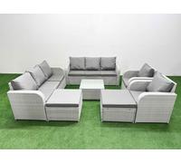 PE Rattan High Back Lounge Sofa Set Patio Square Coffee Table & Chairs Set with 3 Seater Sofa Reclining Chair 2 Big Footstool Light Grey Fimous Light Grey One Size