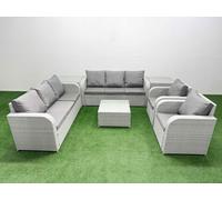 Fimous PE Rattan High Back Lounge Sofa Set Patio Square Coffee Table & Chairs Set with 3 Seater Sofa Reclining Chair 2 Side Table Light Grey Fimous Light Grey