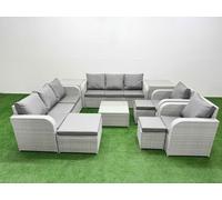 Fimous PE Rattan High Back Lounge Sofa Set Patio Square Coffee Table & Chairs Set with 3 Seater Sofa Reclining Chair 3 Stools 2 Side Table Light Grey Fimous Light Grey