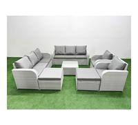 Fimous PE Rattan High Back Lounge Sofa Set Patio Square Coffee Table & Chairs Set with Reclining Chair 2 Big Footstool Light Grey