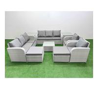 Fimous PE Rattan High Back Lounge Sofa Set Patio Square Coffee Table & Chairs Set with Reclining Chair 2 Big Footstool 2 Side Table