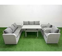 Fimous Pe Rattan High Back Lounge Sofa Set Rectangular Dining Table & Chairs Set 3 Seater Sofa2 Side Table Light Grey