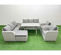 Fimous PE Rattan High Back Lounge Sofa Set Patio Rectangular Dining Table & Chairs Set with 3 Seater Sofa Reclining Chair Big Footstool Light Grey