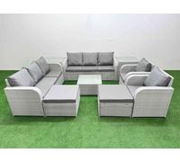 Fimous Rattan High Back Lounge Sofa Set Square Coffee Table & Chairs with 3 Seater Sofa Reclining Chair 2 Big Footstool 2 Side Table Light Grey