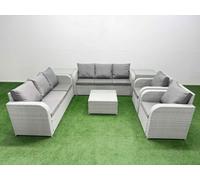 Fimous Pe Rattan High Back Lounge Sofa Set Square Coffee Table & Chairs Set 3 Seater Sofa 2 Side Table Light Grey