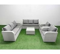 Fimous Pe Rattan High Back Lounge Sofa Set Square Coffee Table & Chairs Set 3 Seater Sofa Side Table Light Grey