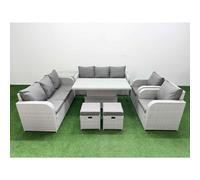 Fimous PE Rattan High Back Lounge Sofa Set with 3 Seater Sofa Reclining Chair Stools Side Table Light Grey