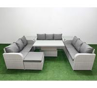Fimous PE Rattan Lounge Sofa Set 10 Seater Outdoor Garden Furniture Set w/ Adjustable Lifting Dining or Coffee Table 3 Seater Sofa Big Footstool 2 Fimous Light Grey