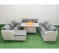 Fimous PE Rattan Lounge Sofa Set 10 Seater Outdoor Garden Furniture Set with Fire Pit Dining Table 3 Seater Sofa Big Footstool Side Table Light Grey
