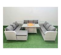 PE Rattan Lounge Sofa Set 10 Seater Outdoor Garden Furniture Set with Firepit Dining Table 3 Seater Sofa Big Footstool 2 Side Table Light Grey Fimous Light Grey One Size