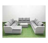 Fimous Pe Rattan Lounge Sofa Set 10 Seater Rectangular Coffee Table 3 Seater Sofa Big Footstool Light Grey