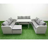Fimous PE Rattan Lounge Sofa Set 10 Seater Outdoor Garden Furniture Set with Rectangular Dining Table 3 Seater Sofa Big Footstool Light Grey