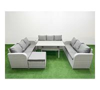 Fimous 10-Seater Light Grey PE Rattan Outdoor Lounge Set | Rectangular Dining Table, 3-Seater Sofa, Large Footstool, Side Table