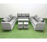 Fimous Pe Rattan Lounge Sofa Set 11 Seater Outdoor Garden Furniture Set Oblong Coffee Table 2 Stools 2 Side Table Light Grey