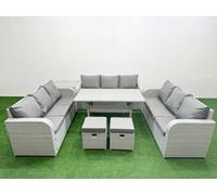 Fimous Pe Rattan Lounge Sofa Set 11 Seater Outdoor Garden Furniture Set Rectangular Dining Table 3 Seater Sofa 2 Stools Side Table
