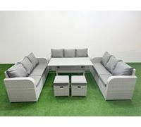 Fimous Pe Rattan Lounge Sofa Set 11 Seater Outdoor Garden Furniture Set Rectangular Dining Table 3 Seater Sofa 2 Stools Light Grey