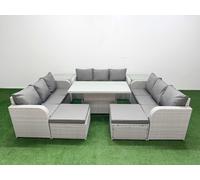 PE Rattan Lounge Sofa Set 11 Seater Outdoor Garden Furniture Set with Adjustable Lifting Dining or Coffee Table 3 Seater Sofa 2 Big Footstools 2 Side Fimous Light Grey One Size