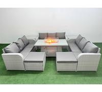 Fimous PE Rattan Lounge Sofa Set 11 Seater Outdoor Garden Furniture Set w/ Firepit Dining Table 3 Seater Sofa 2 Big Footstools 2 Side Table Light Grey Fimous Light Grey