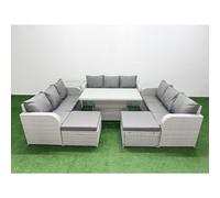 Fimous PE Rattan Lounge Sofa Set 11 Seater Outdoor Garden Furniture Set with 3 Seater Sofa 2 Big Footstools Side Table Light Grey