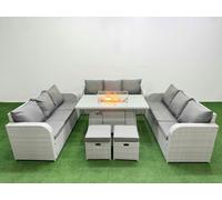 Fimous PE Rattan Lounge Sofa Set 11 Seater Outdoor Garden Furniture Set with Fire Pit Dining Table 3 Seater Sofa 2 Stools Light Grey