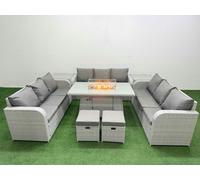 PE Rattan Lounge Sofa Set 11 Seater Outdoor Garden Furniture Set with Firepit Dining Table 3 Seater Sofa 2 Stools 2 Side Table Light Grey Fimous Light Grey One Size