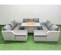 Fimous PE Rattan Lounge Sofa Set 11 Seater Outdoor Garden Furniture Set with Firepit Dining Table 3 Seater Sofa 2 Big Footstools Side Table Light Grey Fimous Light Grey