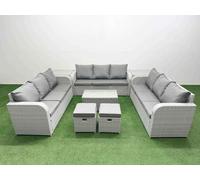Fimous PE Rattan Lounge Sofa Set 11 Seater Outdoor Garden Furniture Set with Rectangular Coffee Table 3 Seater Sofa 2 Stools 2 Side Table Light Grey Fimous Light Grey