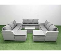 Fimous PE Rattan Lounge Sofa Set 11 Seater Outdoor Garden Furniture Set with Rectangular Coffee Table 3 Seater Sofa 2 Big Footstools Light Grey