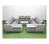 Fimous 11-Seater Light Grey PE Rattan Outdoor Lounge Set | Rectangular Coffee Table, 3-Seater Sofa, 2 Footstools, 2 Side Tables