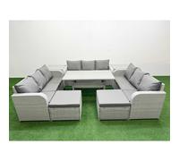 Fimous Pe Rattan Lounge Sofa Set Outdoor Garden Furniture Set Rectangular Dining Table 3 Seater Sofa 2 Big Footstools 2 Side Table