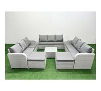 Fimous PE Rattan Lounge Sofa Set 11 Seater Outdoor Garden Furniture Set with Square Coffee Table 2 Big Footstools Light Grey