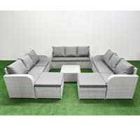 PE Rattan Lounge Sofa Set 11 Seater Outdoor Garden Furniture Set with Square Coffee Table 3 Seater Sofa 2 Big Footstools Light Grey Fimous Light Grey One Size