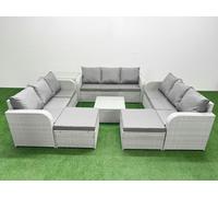 PE Rattan Lounge Sofa Set 11 Seater Outdoor Garden Furniture Set with Square Coffee Table 3 Seater Sofa 2 Big Footstools Side Table Light Grey Fimous Light Grey One Size