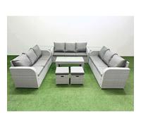 Fimous PE Rattan Lounge Sofa Set 11 Seater Outdoor Garden Furniture Set with Oblong Coffee Table 3 Seater Sofa 2 Stools 2 Side Table Light Grey