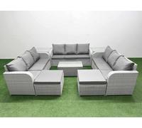 Fimous Pe Rattan Lounge Sofa Set 11 Seater Rectangular Coffee Table 3 Seater Sofa 2 Big Footstools 2 Side Table Light Grey